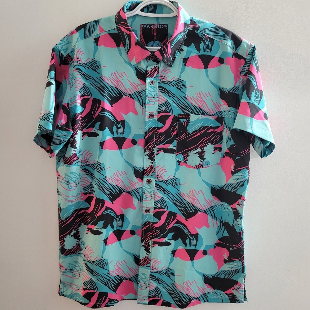 Warrior Vibrant Camo Short Sleeve Button Down Men Size Large Miami Brushstroke